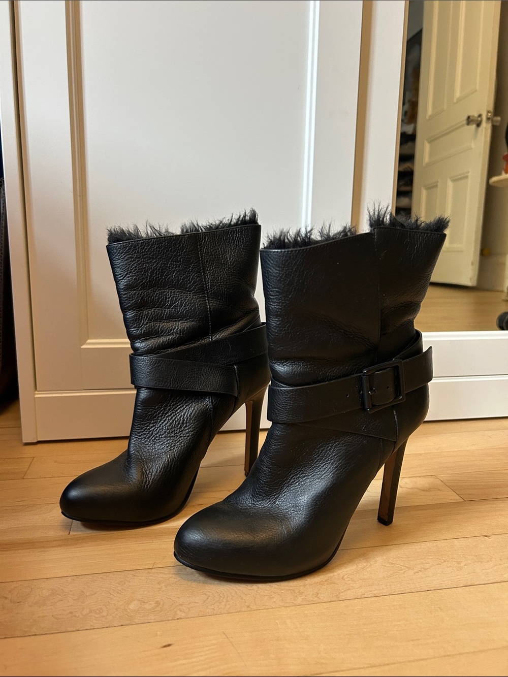 Women's Black Leather Faux-Fur Trim High-Heel Ankle Boots